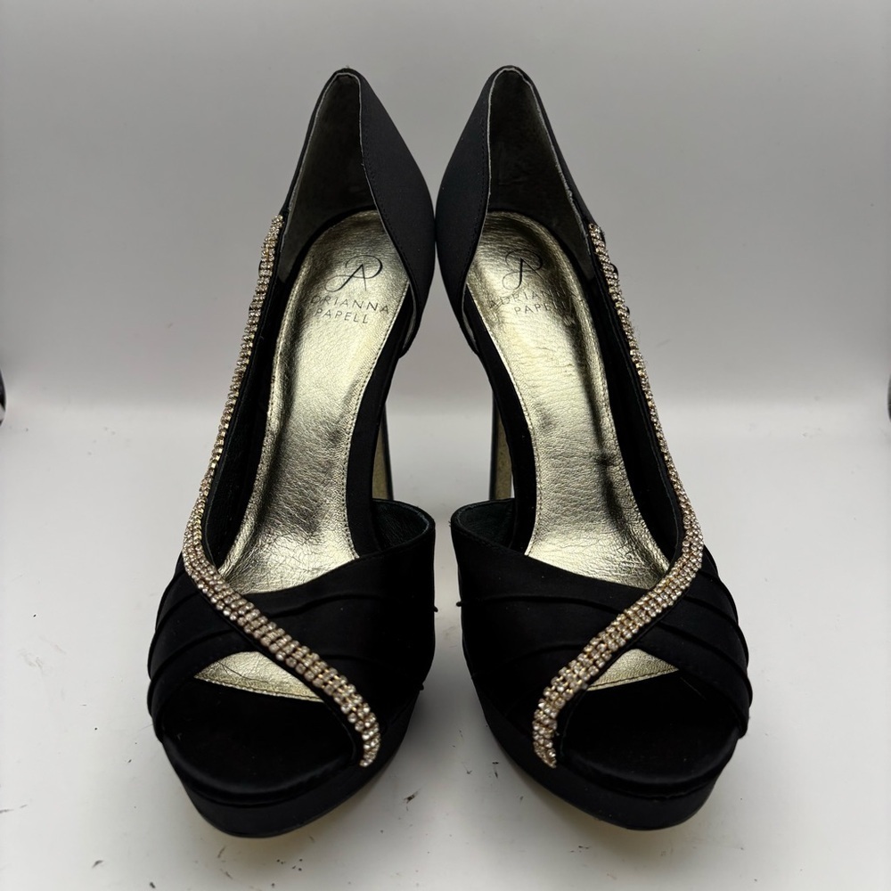 Adrianna Papell Elegant Black Peep-Toe Heels with Rhinestone Detail Size 9